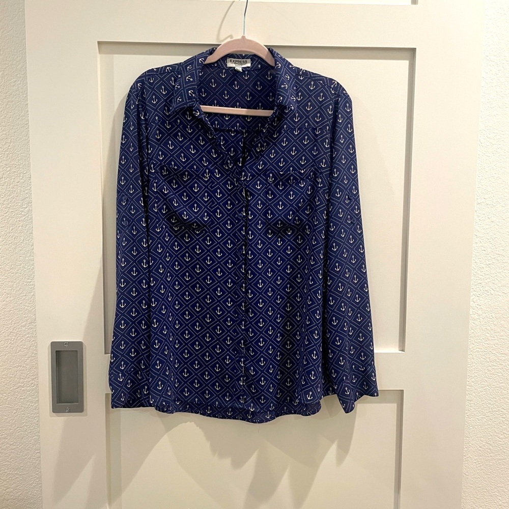 Express Portofino Collection Navy Anchor Print Blouse XL